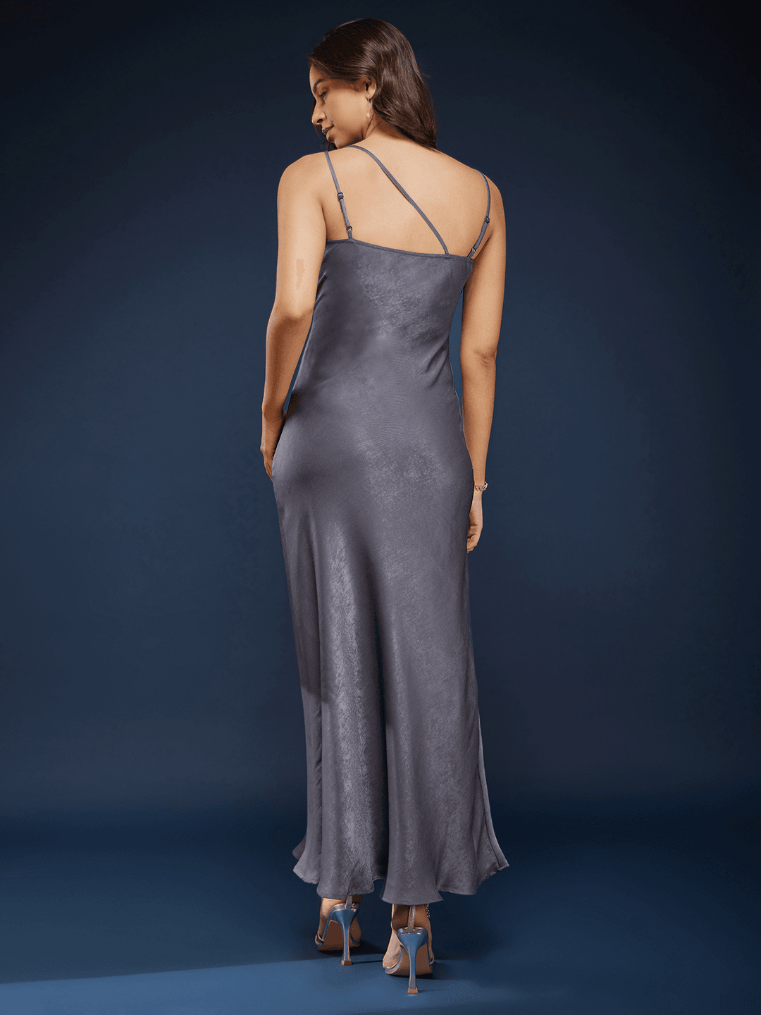 Satin One Shoulder Slip Dress - Grey