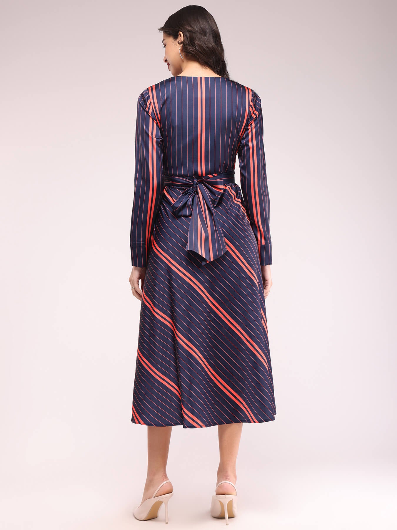 Striped Fit And Flare Dresses - Navy And Red