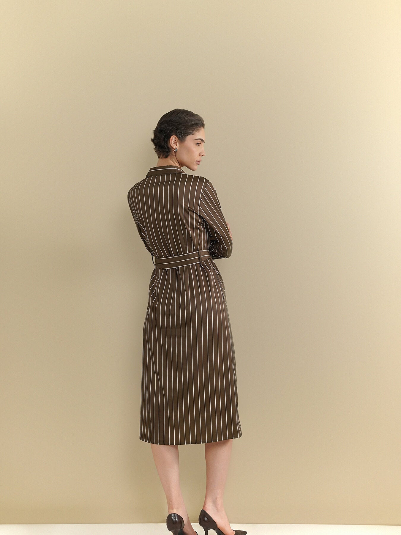 Striped Shirt Dress - Brown