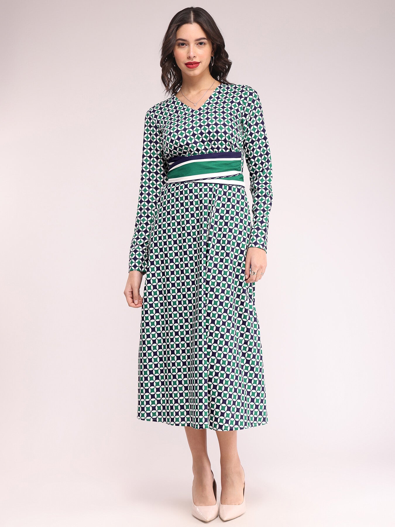 Geometric Print Fit And Flare Dress - Teal And Navy Blue