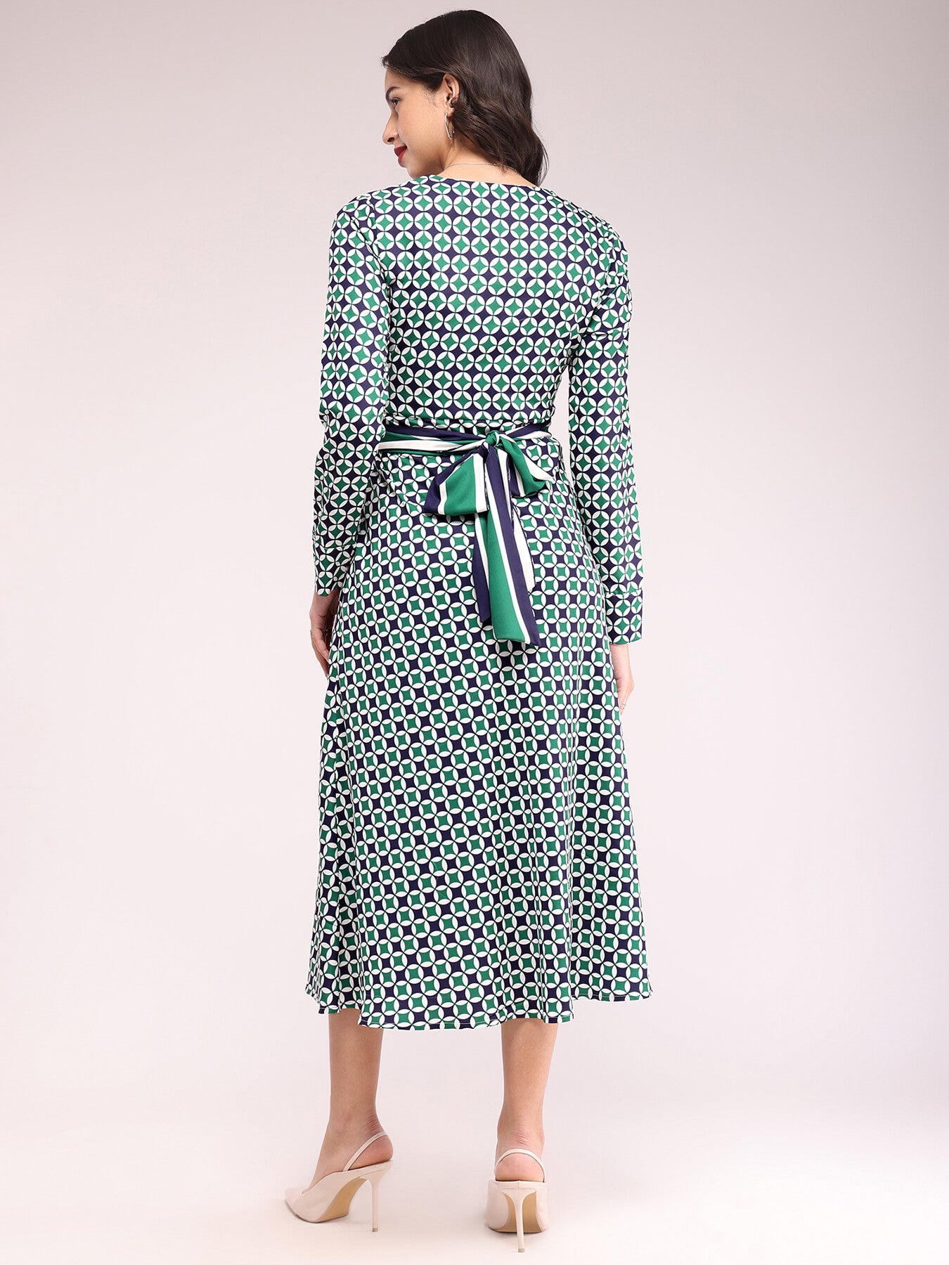 Geometric Print Fit And Flare Dress - Teal And Navy Blue