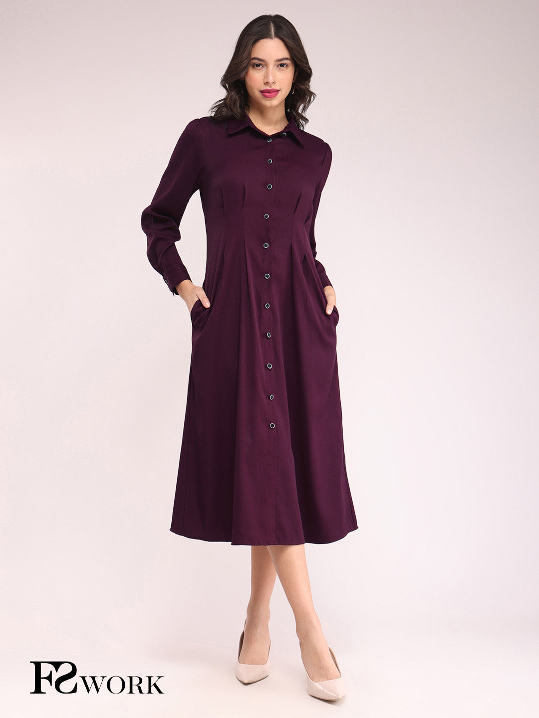 Button Down Shirt Dress - Wine