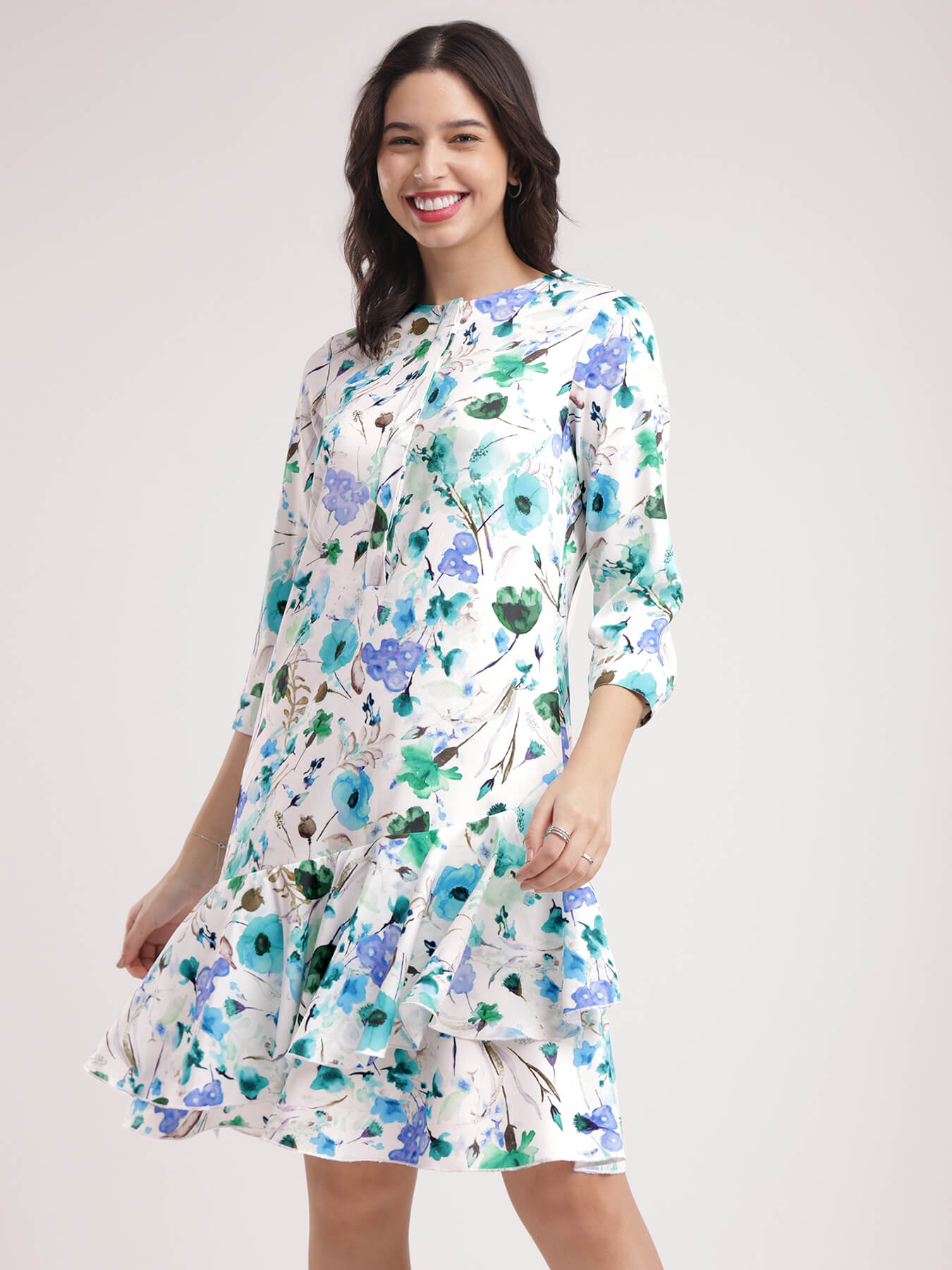 Floral A-line Dress - Blue