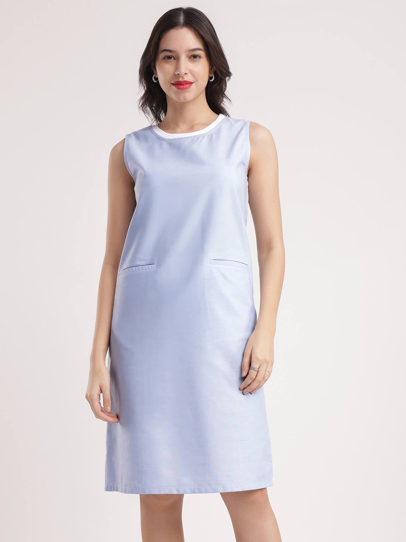 Cotton Oxford Shift Dress - Light Blue
