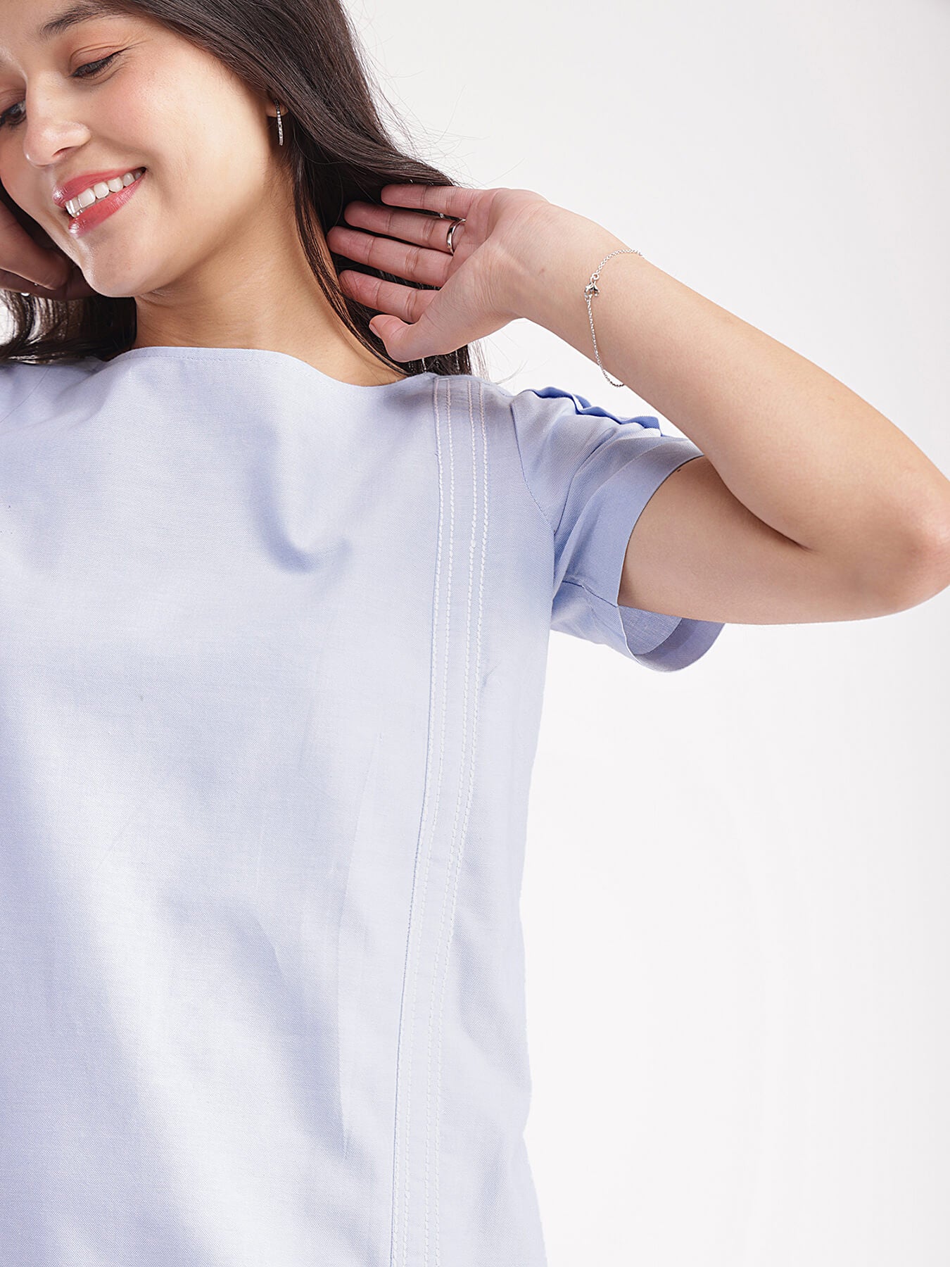 Textured Cotton Shift Dress - Blue