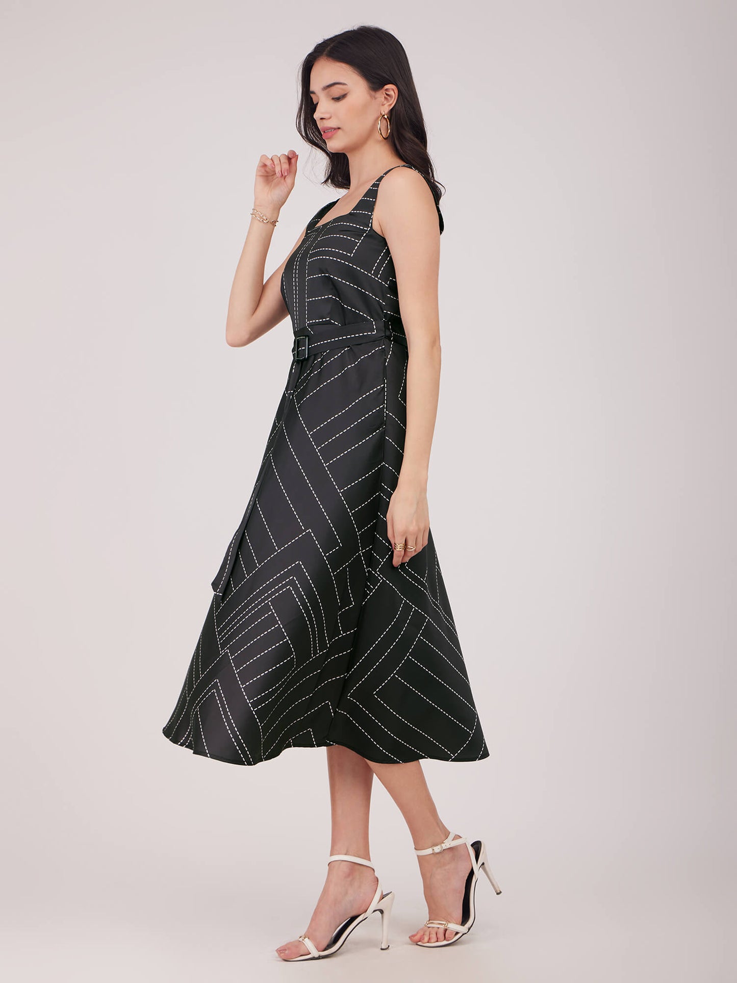 Stretch Satin Fit And Flare Dress - Black