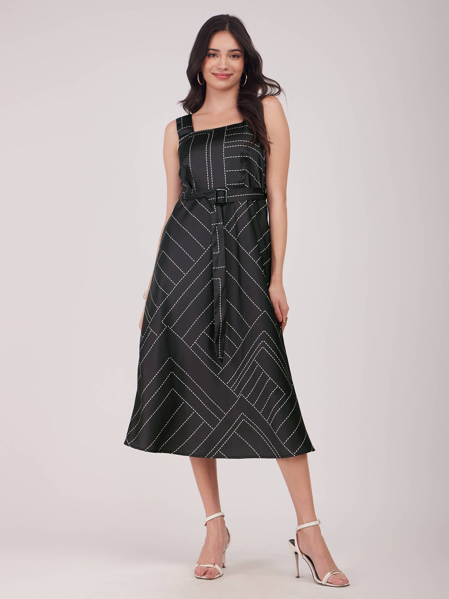 Stretch Satin Fit And Flare Dress - Black