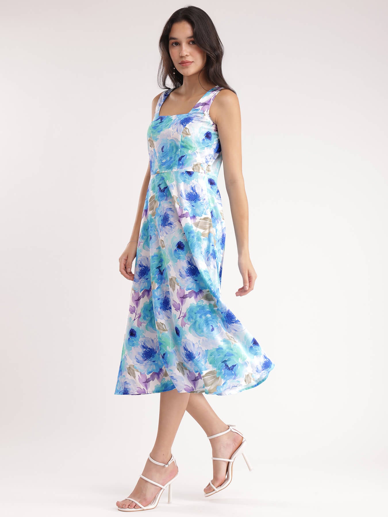 Floral Fit And Flare Dress - Blue