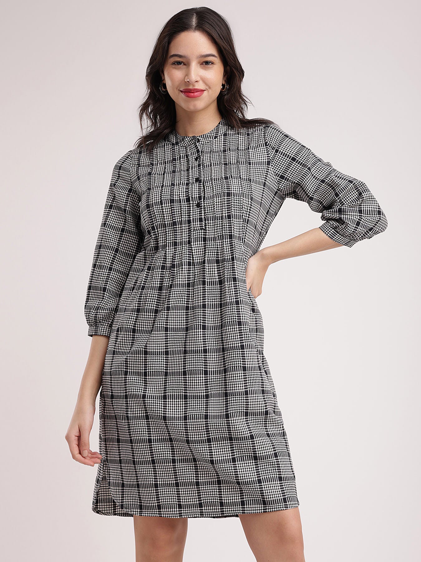 Cotton Checkered Dress - Black And White