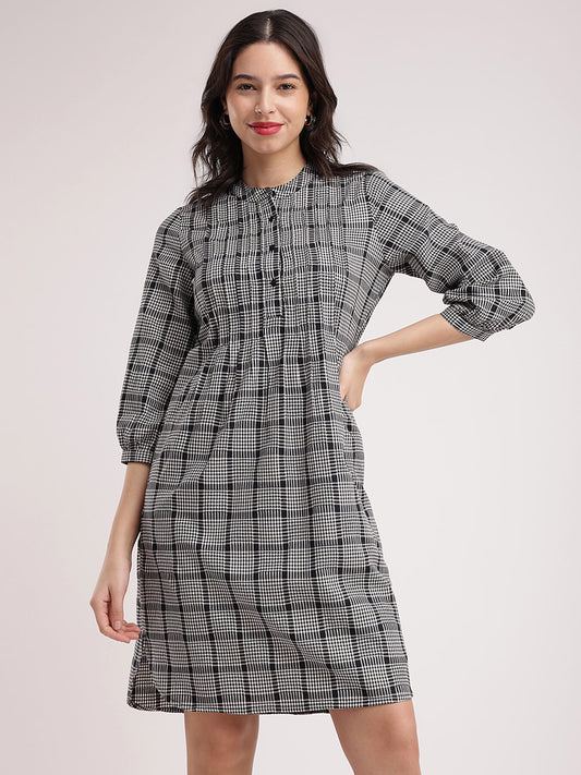 Cotton Checkered Dress - Black And White