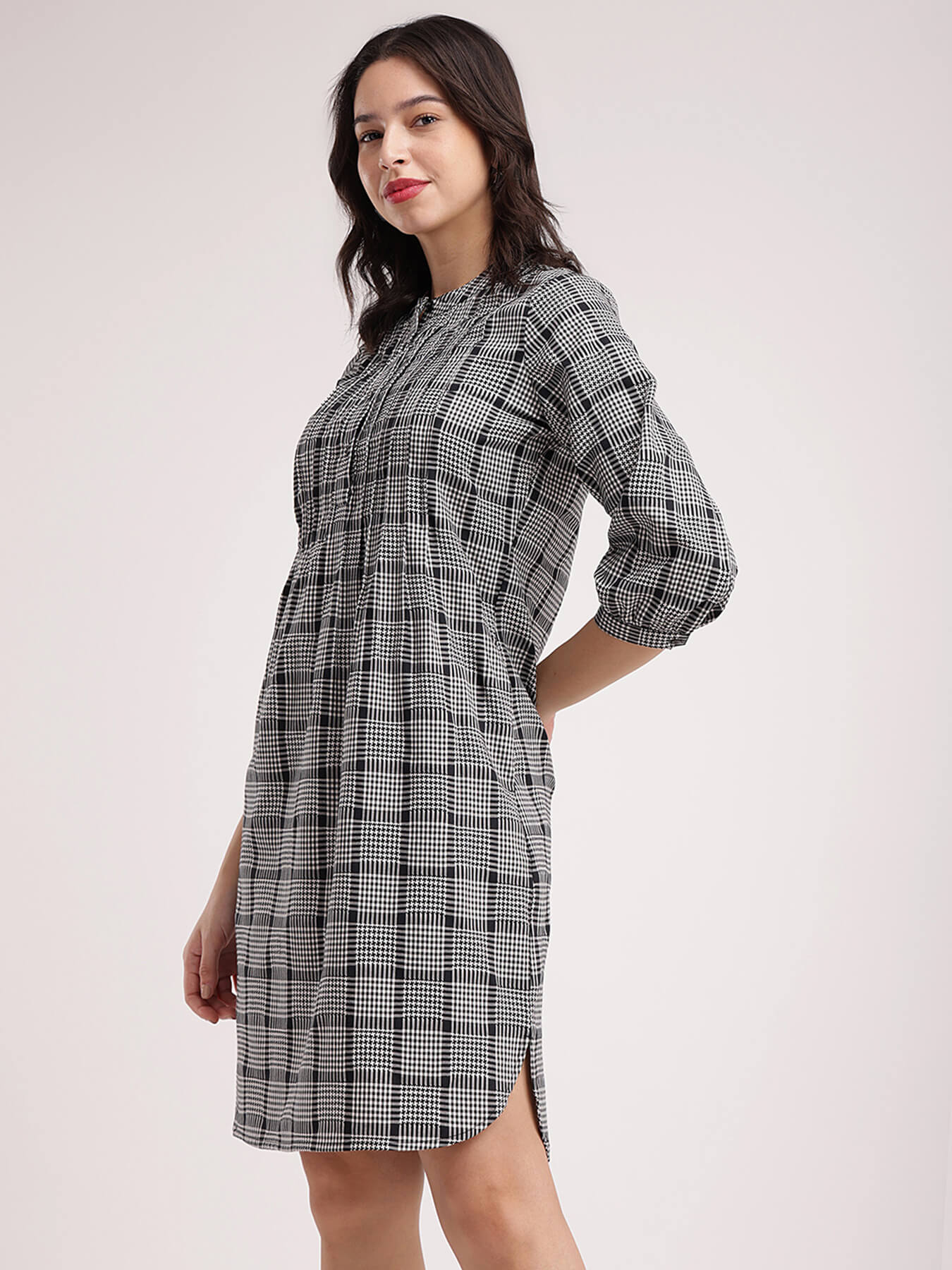 Cotton Checkered Dress - Black And White