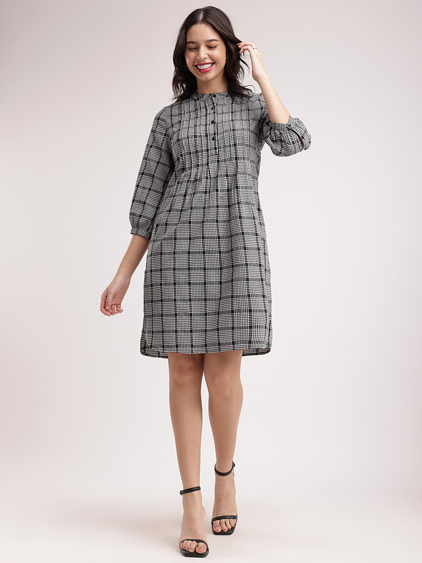 Cotton Checkered Dress - Black And White