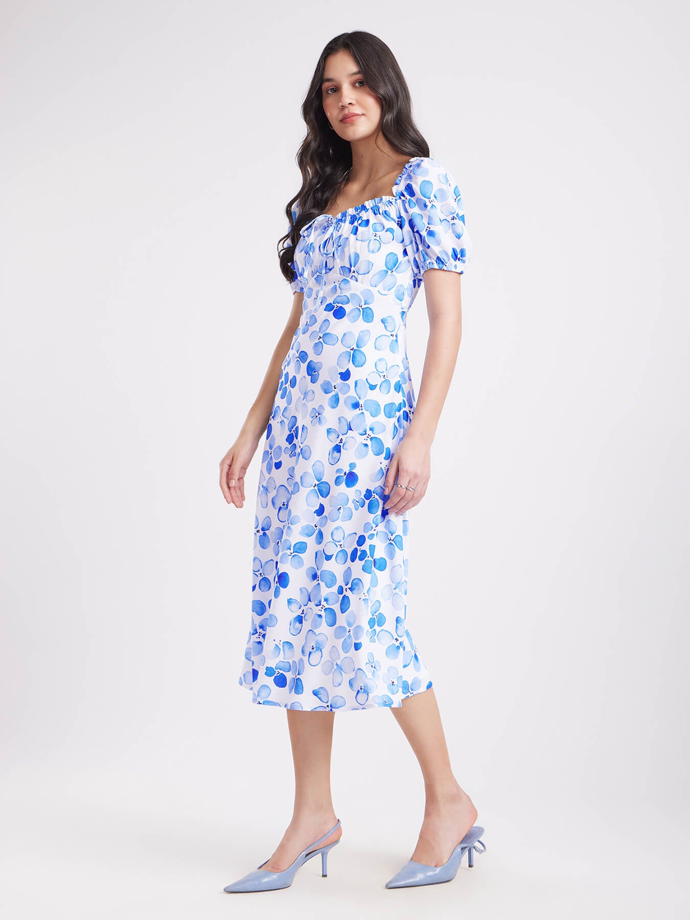 Floral Fit And Flare Dress - Blue And White