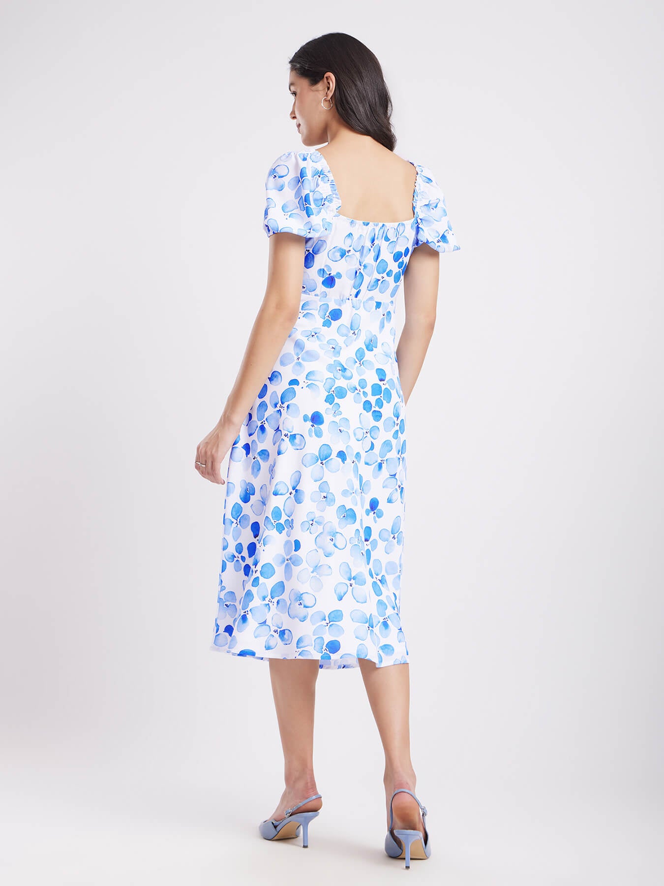 Floral Fit And Flare Dress - Blue And White