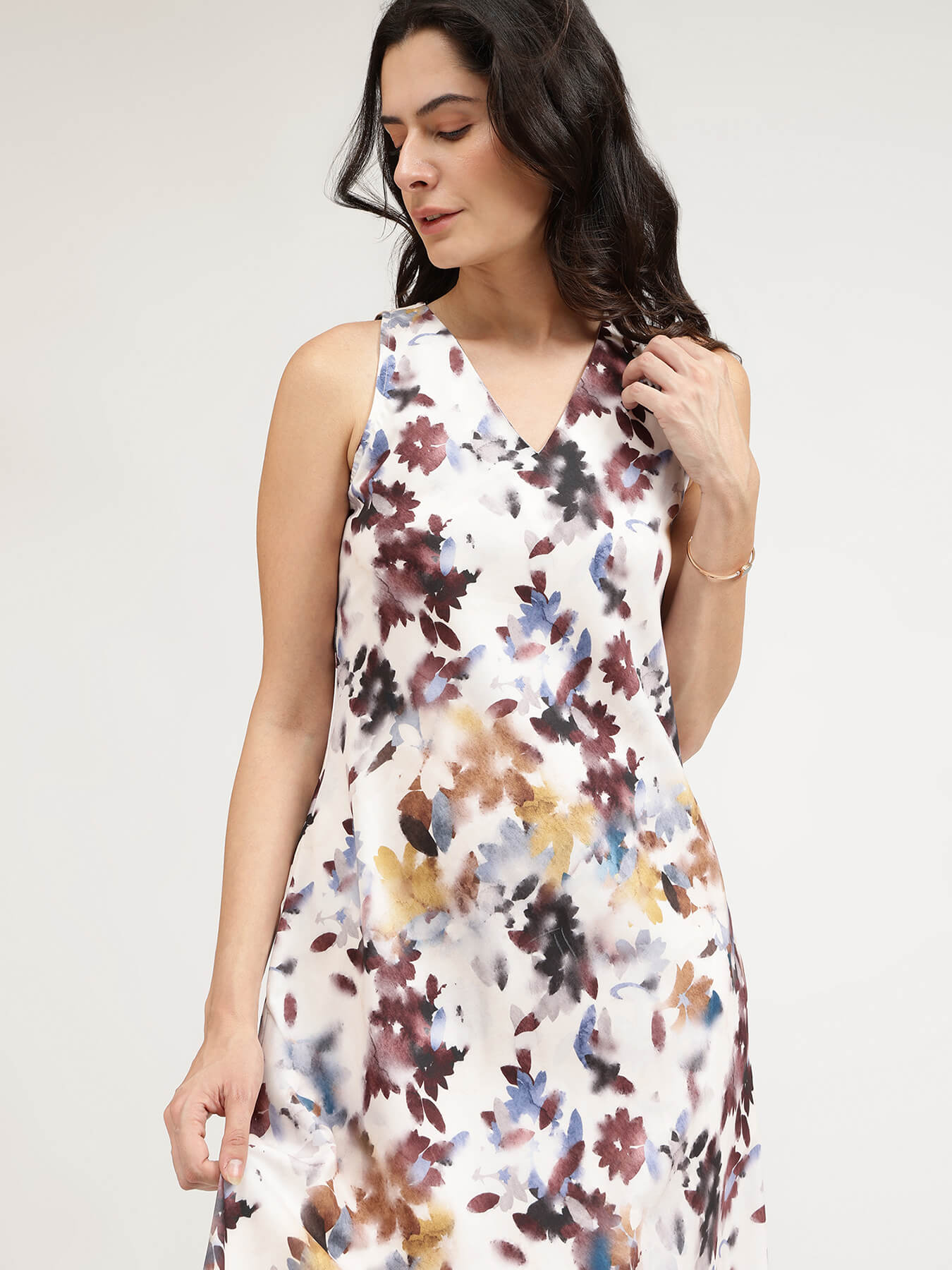 Satin Floral A-Line Dress - White