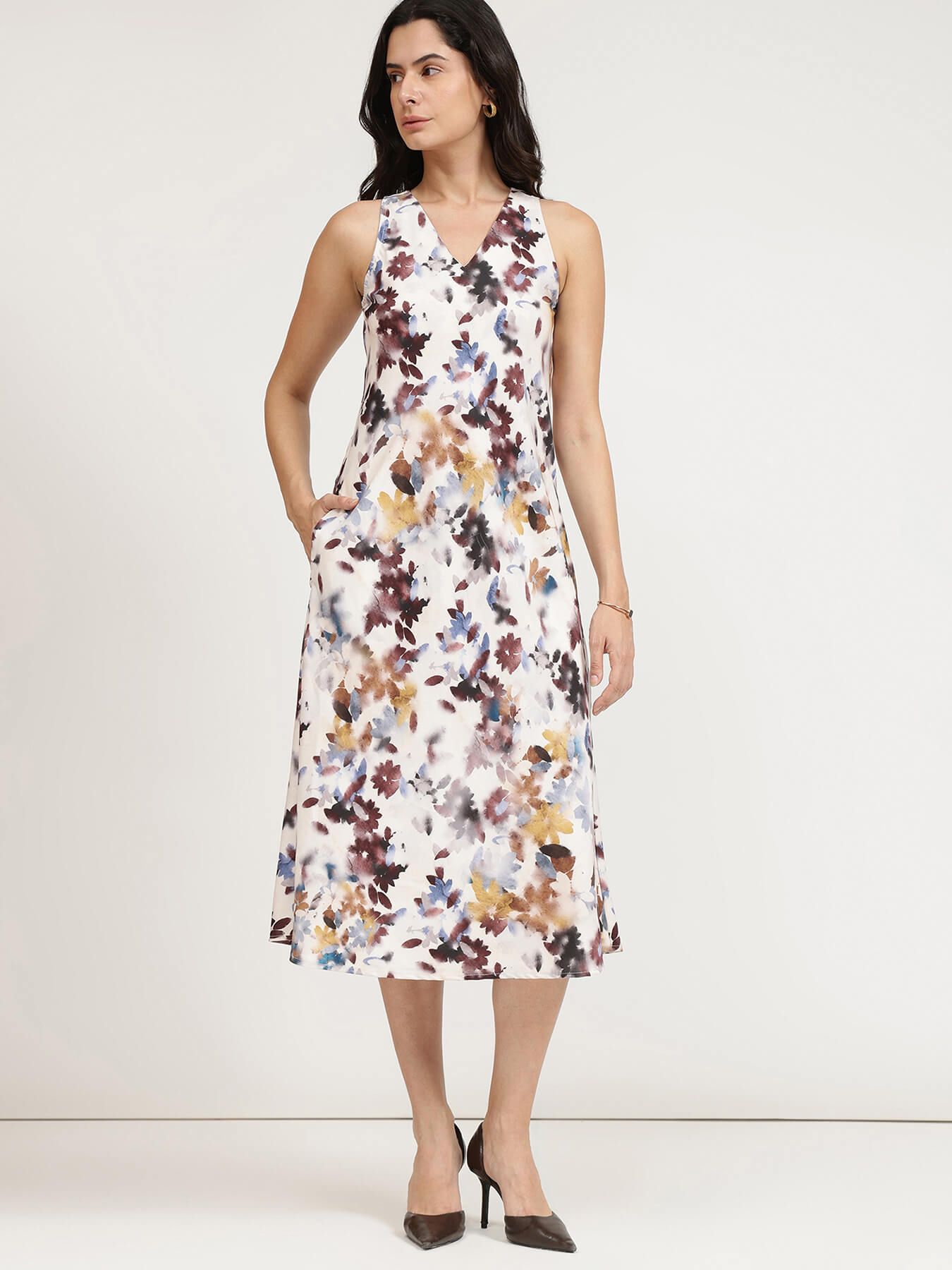 Satin Floral A-Line Dress - White