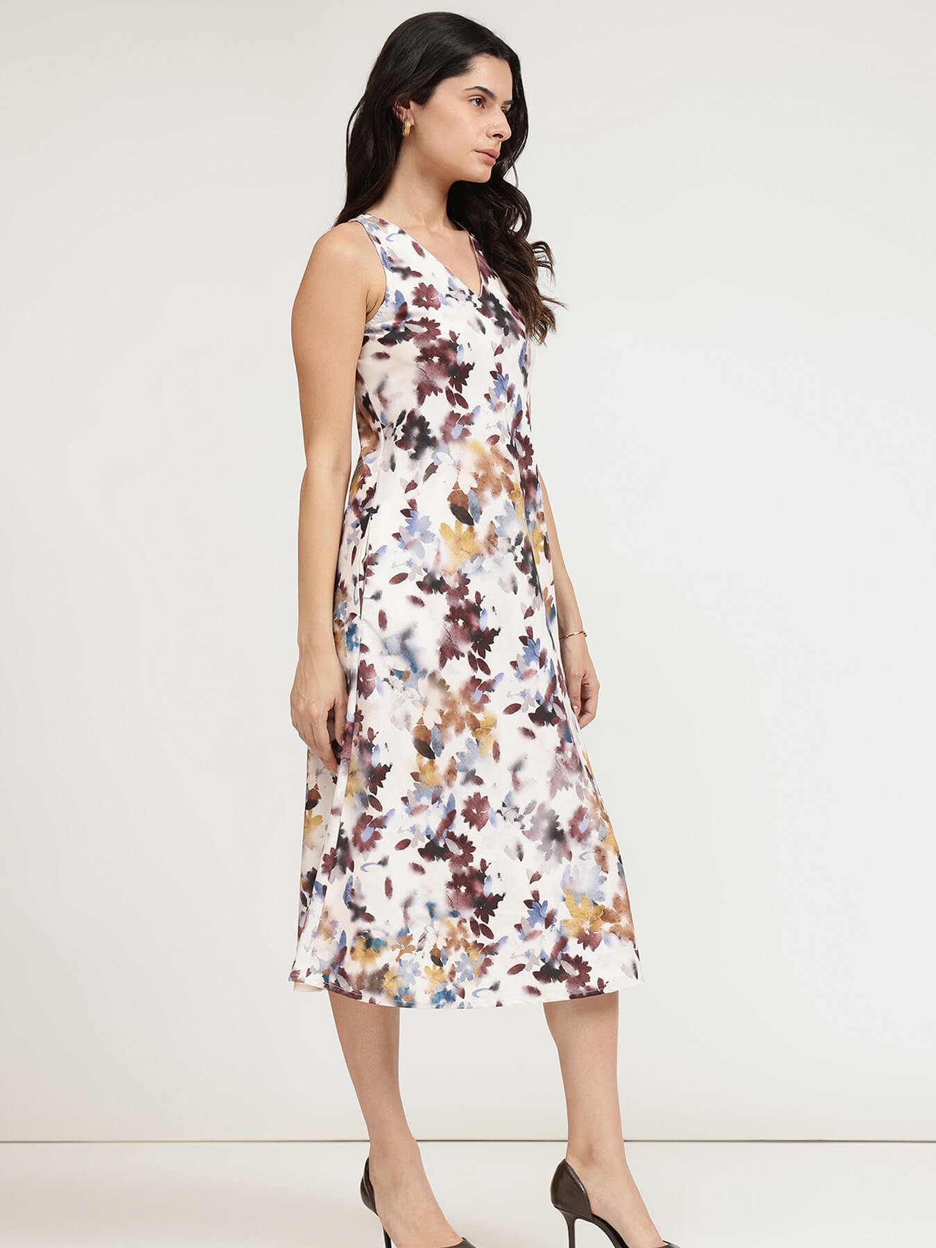 Satin Floral A-Line Dress - White