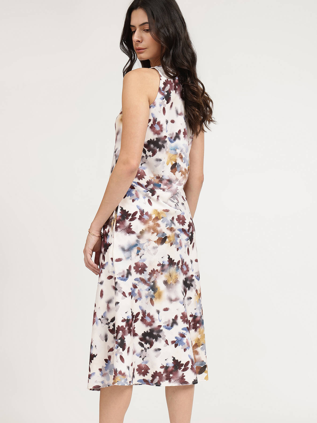 Satin Floral A-Line Dress - White