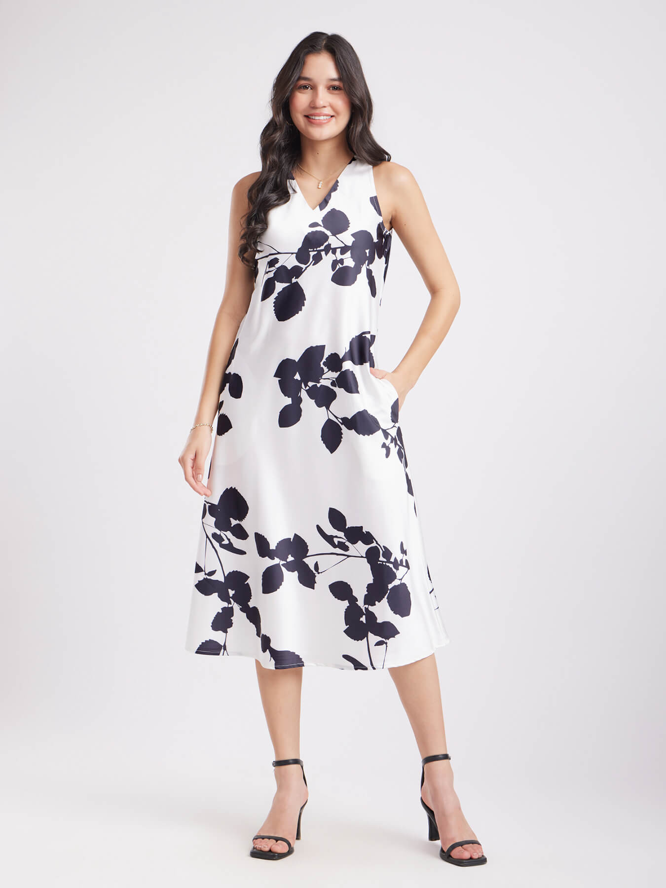 Satin Midi Dress - White And Black