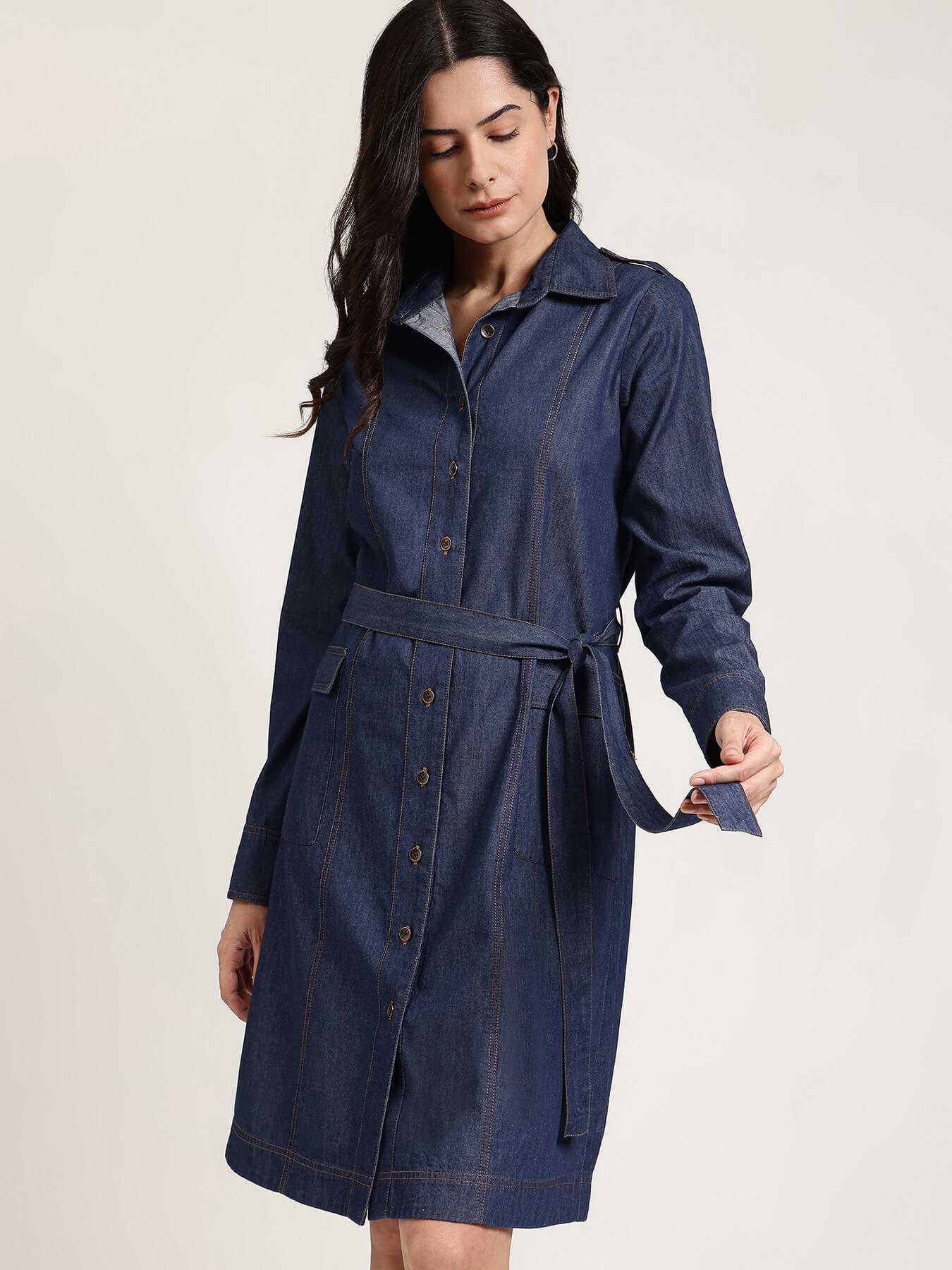 Denim Shirt Dress - Navy Blue