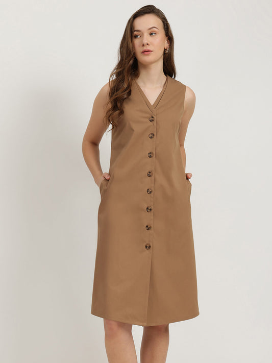 V Neck Shift Midi Dress - Camel
