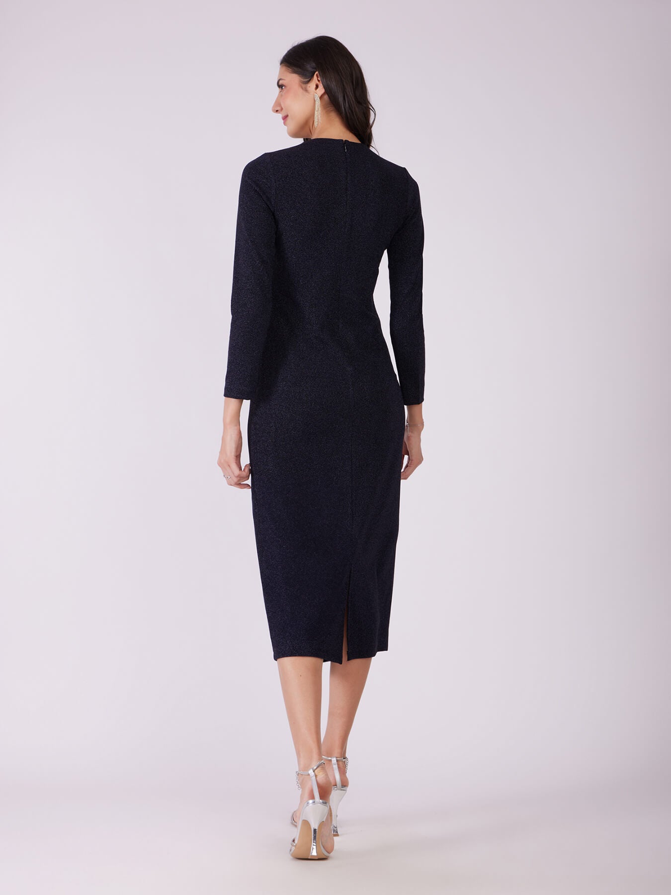 Metallic Lurex Bodycon Dress - Navy Blue