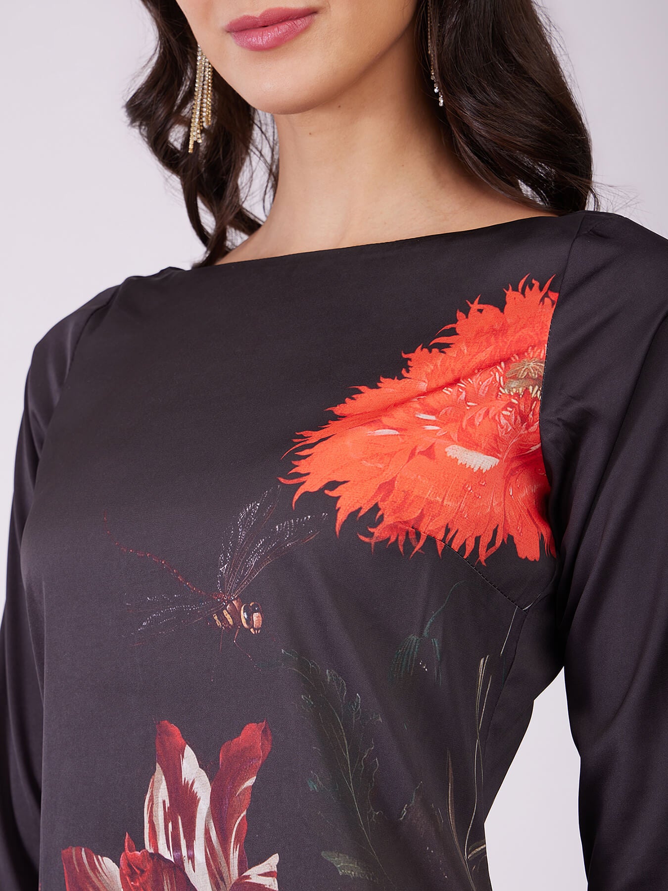 Stretch Satin Floral Dress - Black And Red