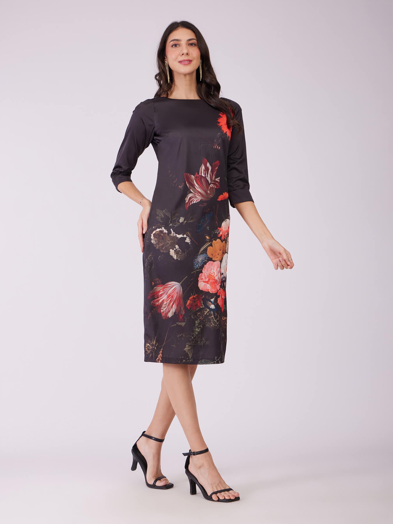 Stretch Satin Floral Dress - Black And Red