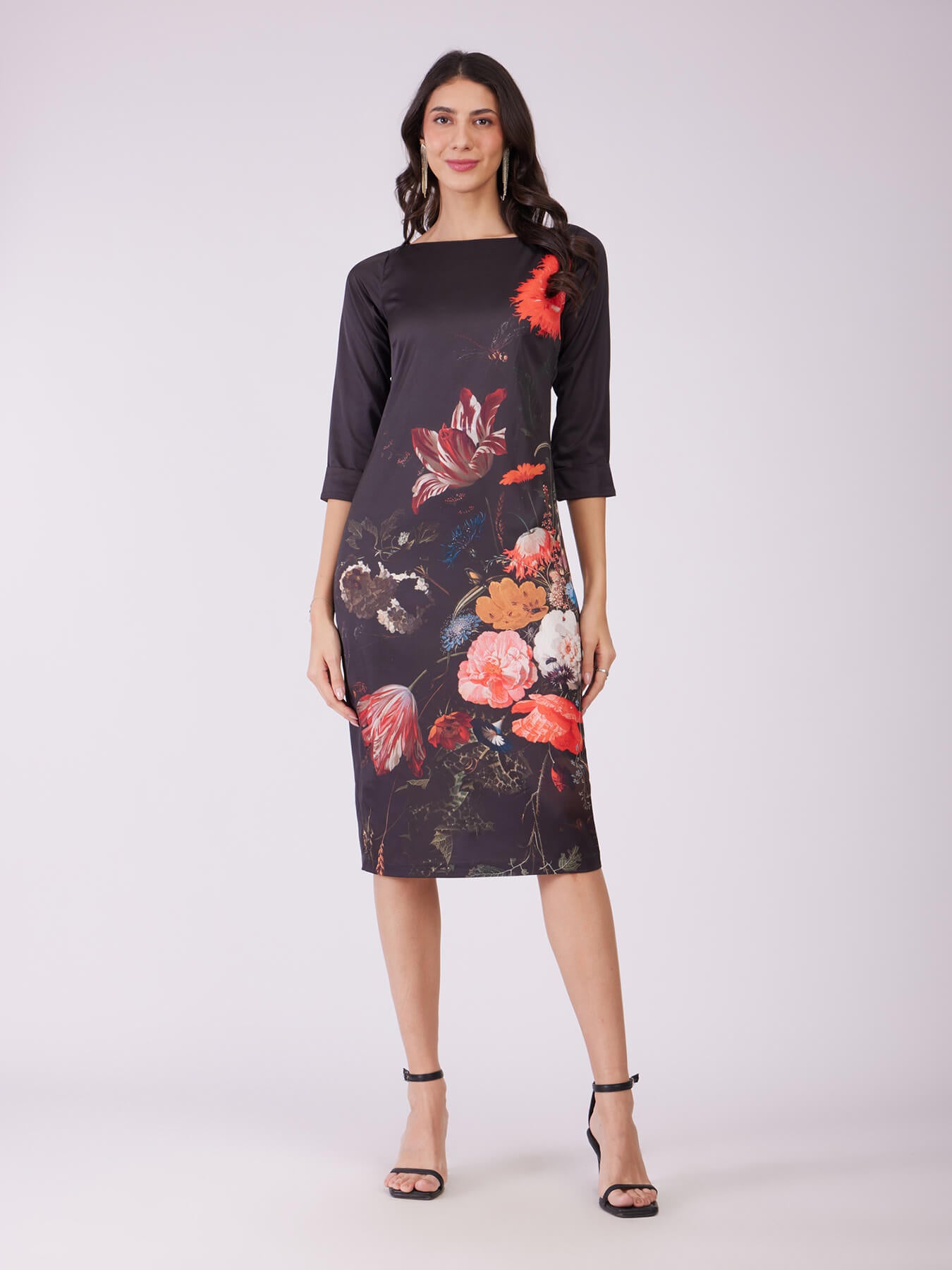 Stretch Satin Floral Dress - Black And Red
