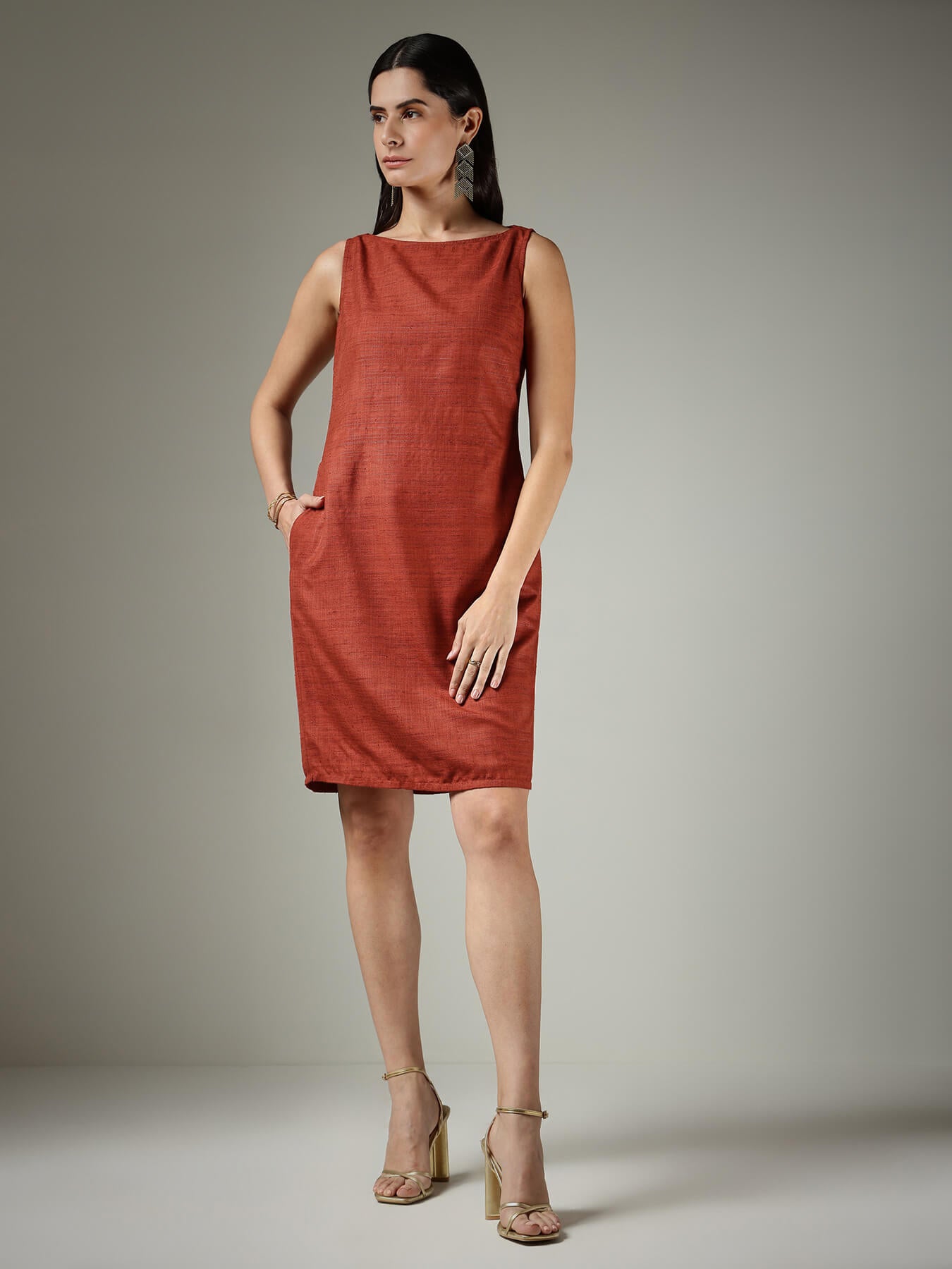 Boat Neck Shift Dress - Rust