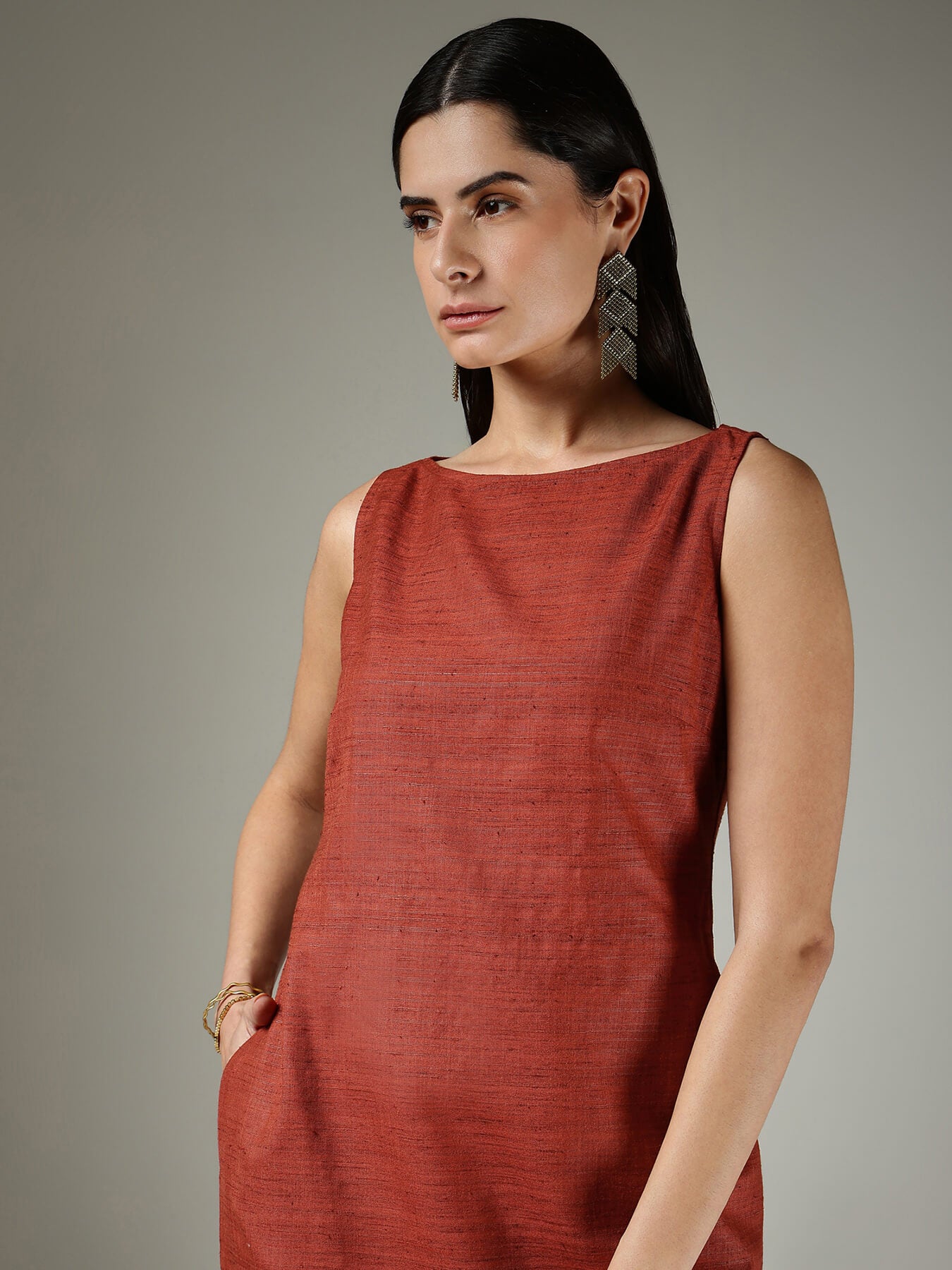 Boat Neck Shift Dress - Rust