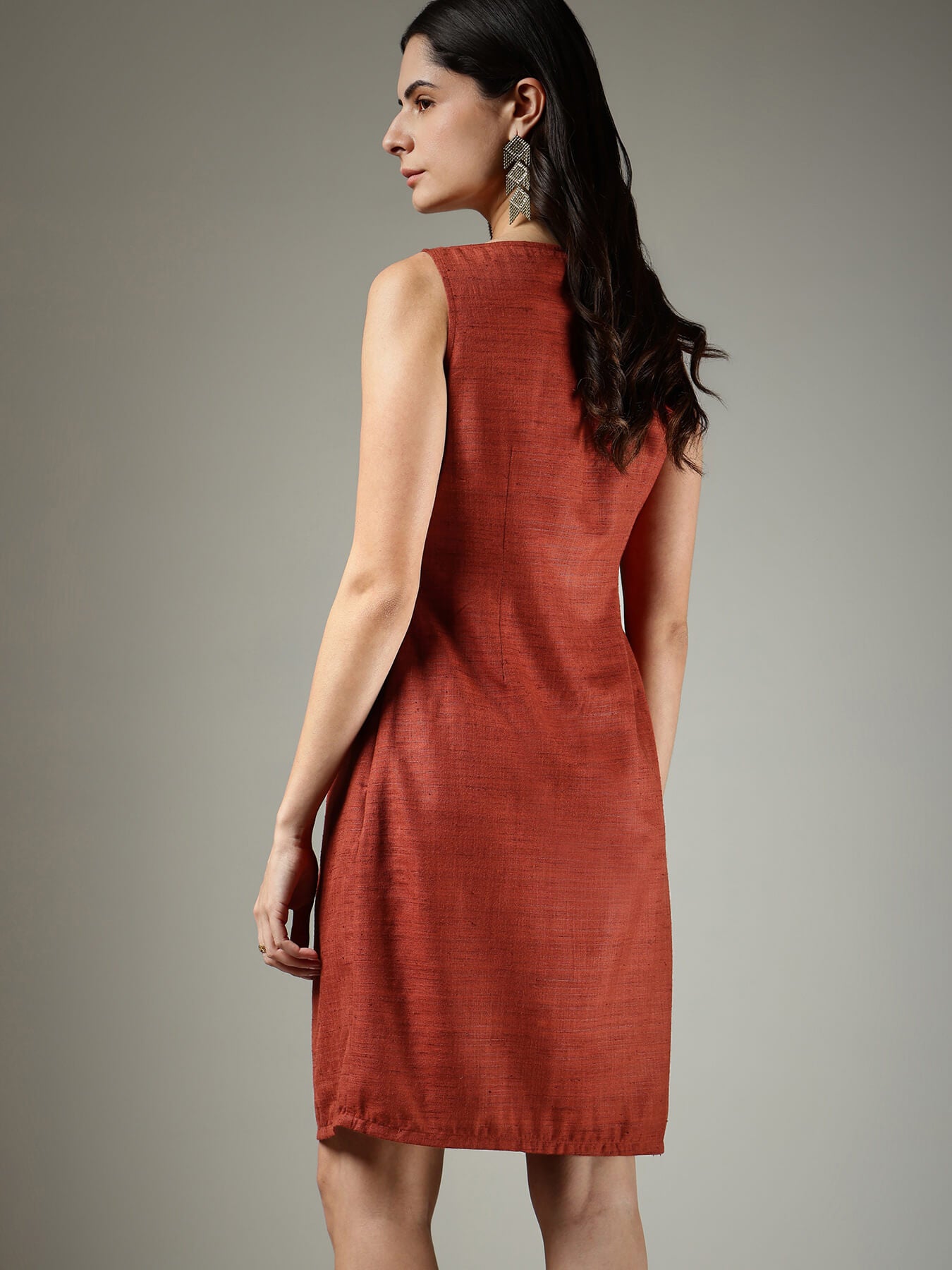 Boat Neck Shift Dress - Rust