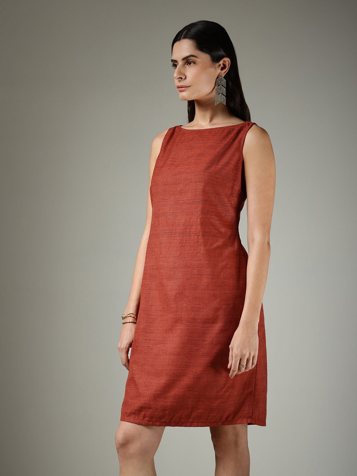 Boat Neck Shift Dress - Rust