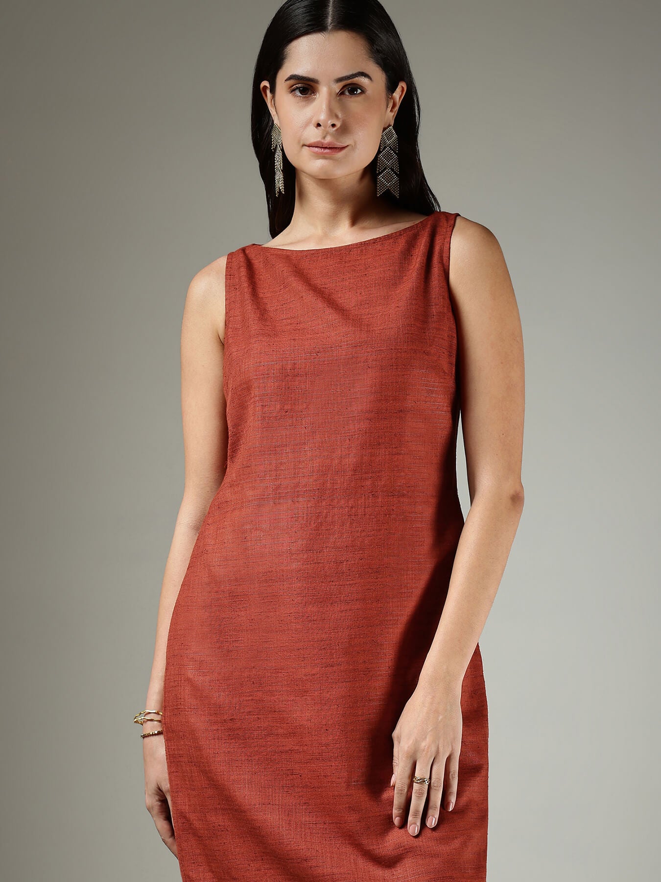 Boat Neck Shift Dress - Rust