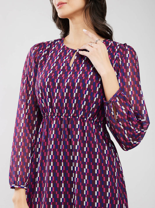 A-line Geometric Print Dress - Purple
