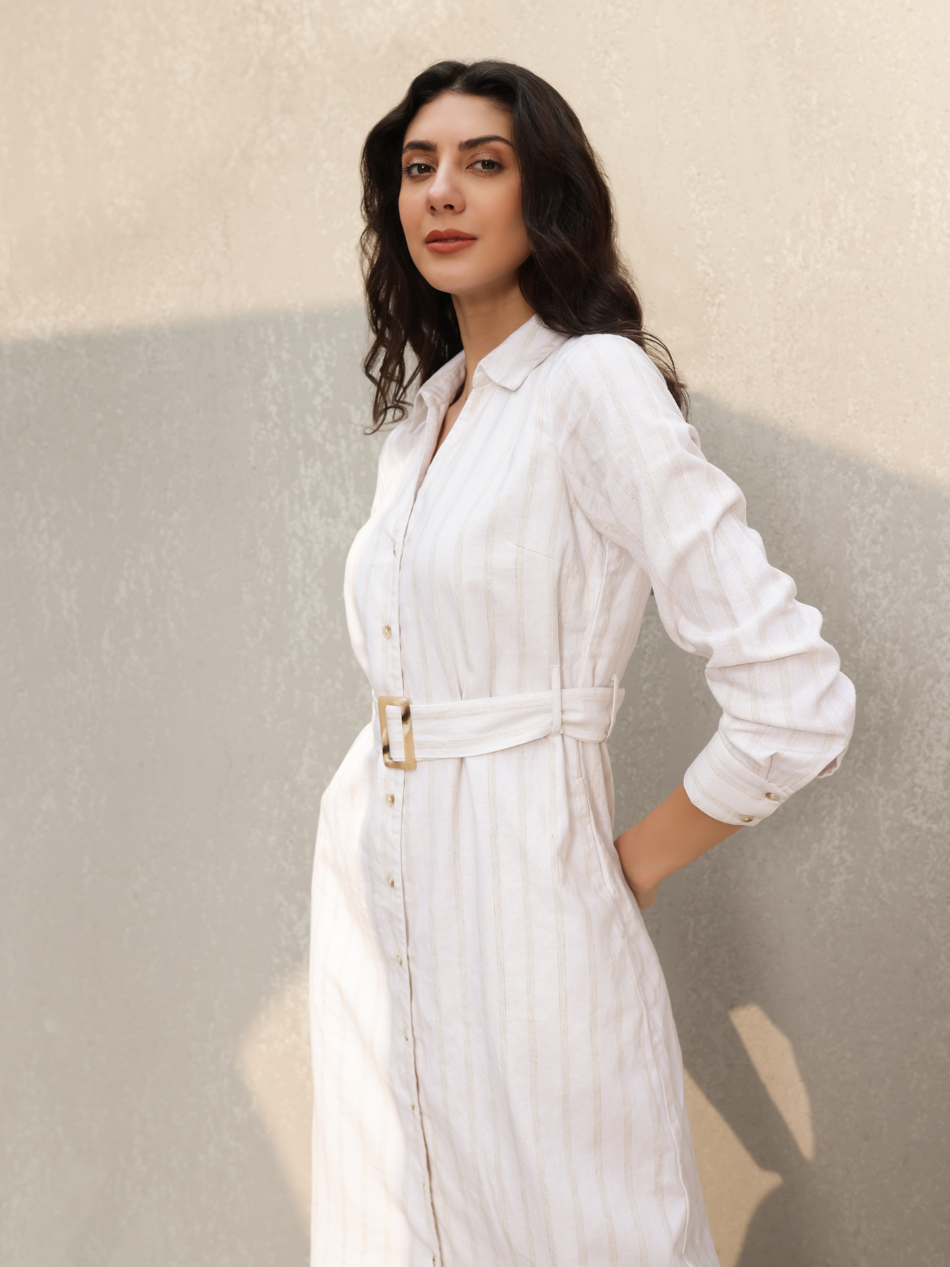 Cotton Linen Shirt Dress - White