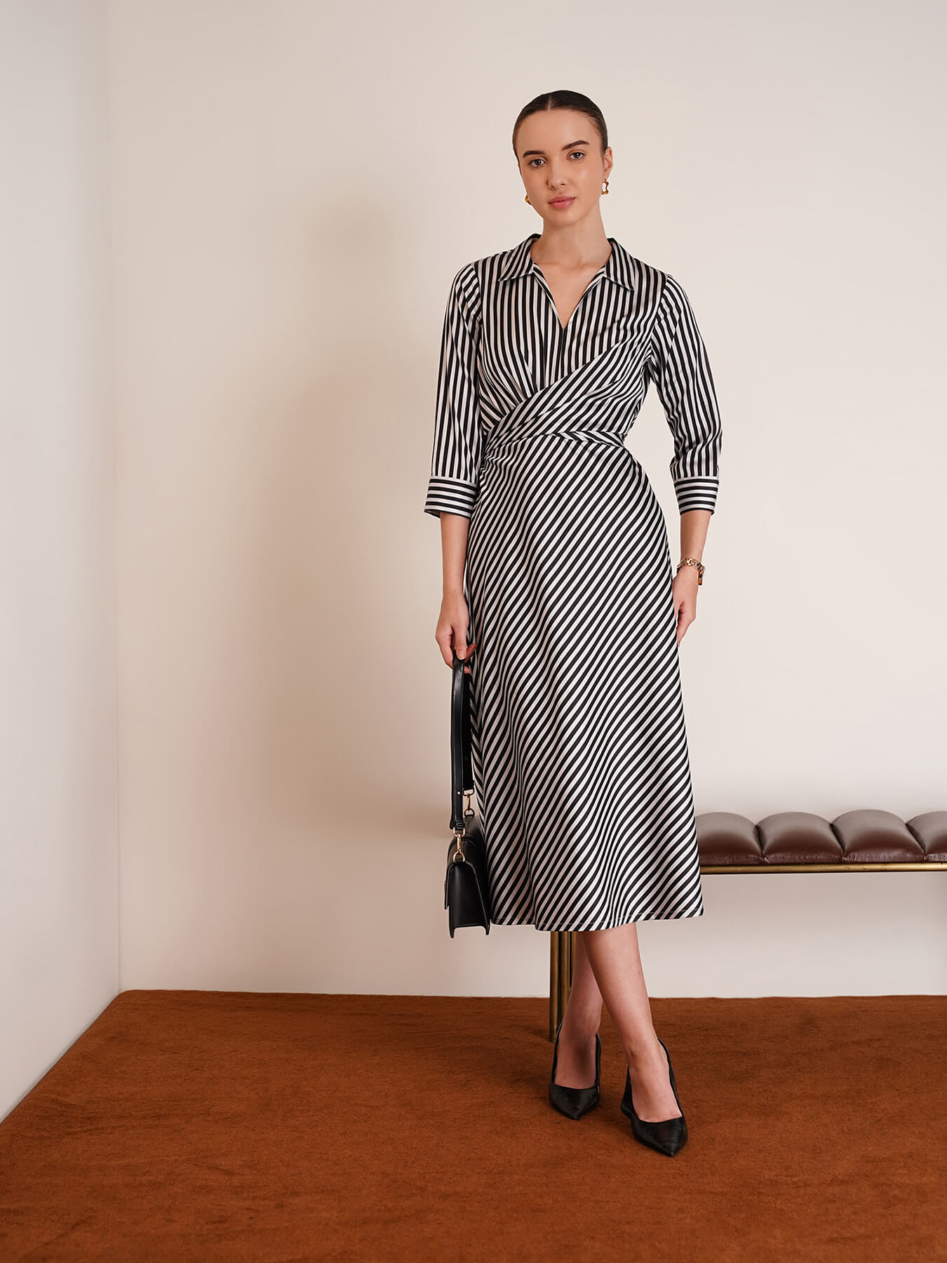 Stretchable Satin Striped Dress - Black