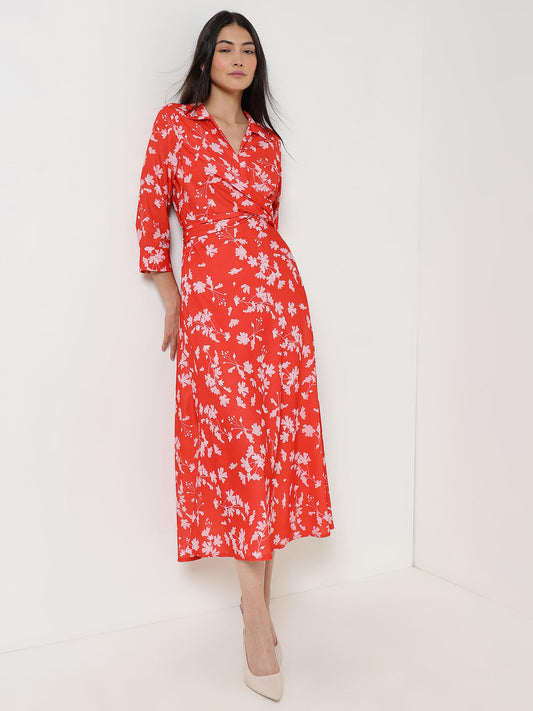 Floral Fit & Flare Midi Dress - Red