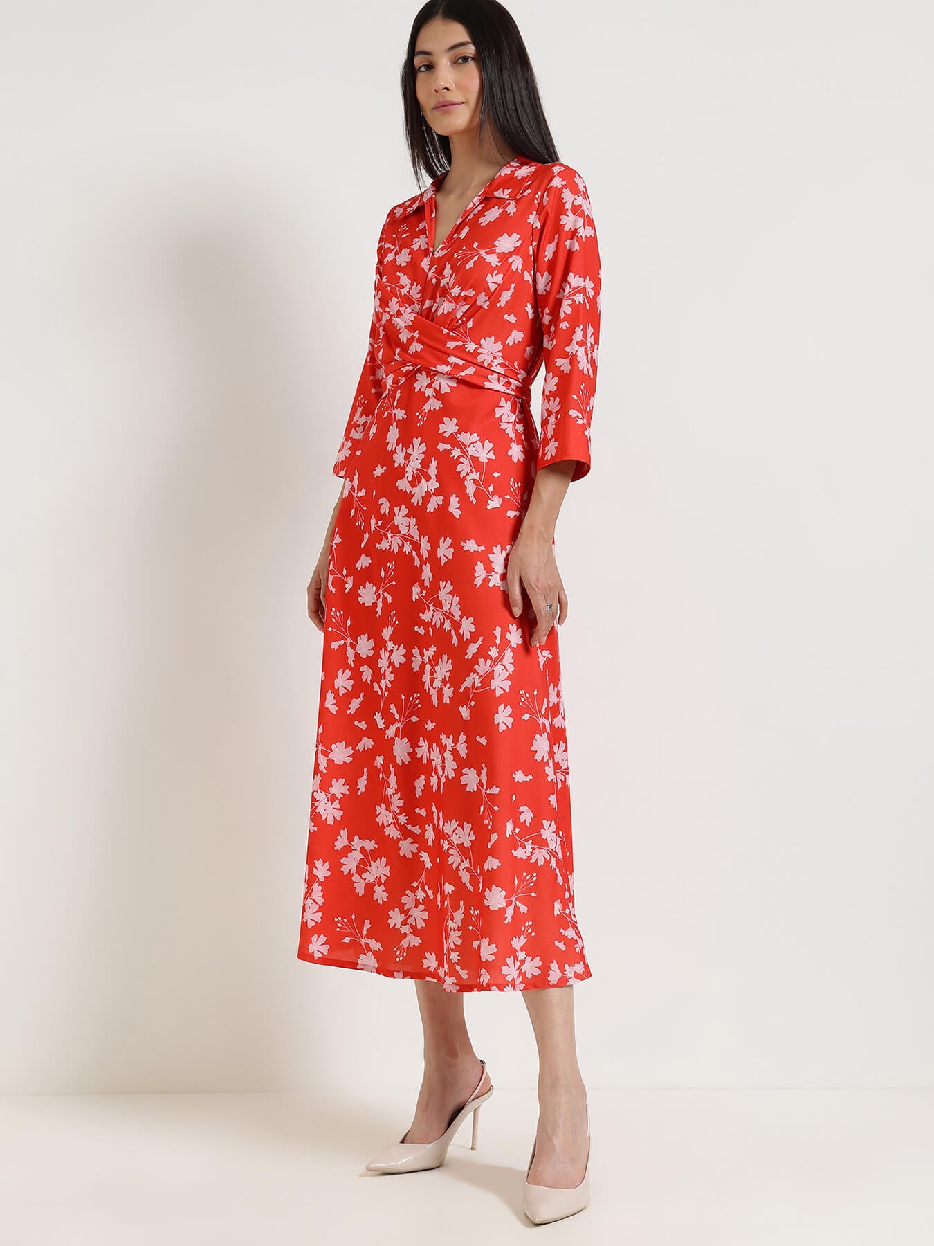 Floral Fit & Flare Midi Dress - Red