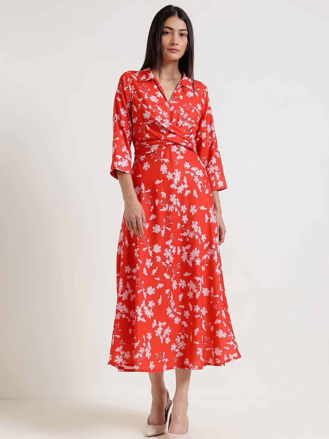 Floral Fit & Flare Midi Dress - Red