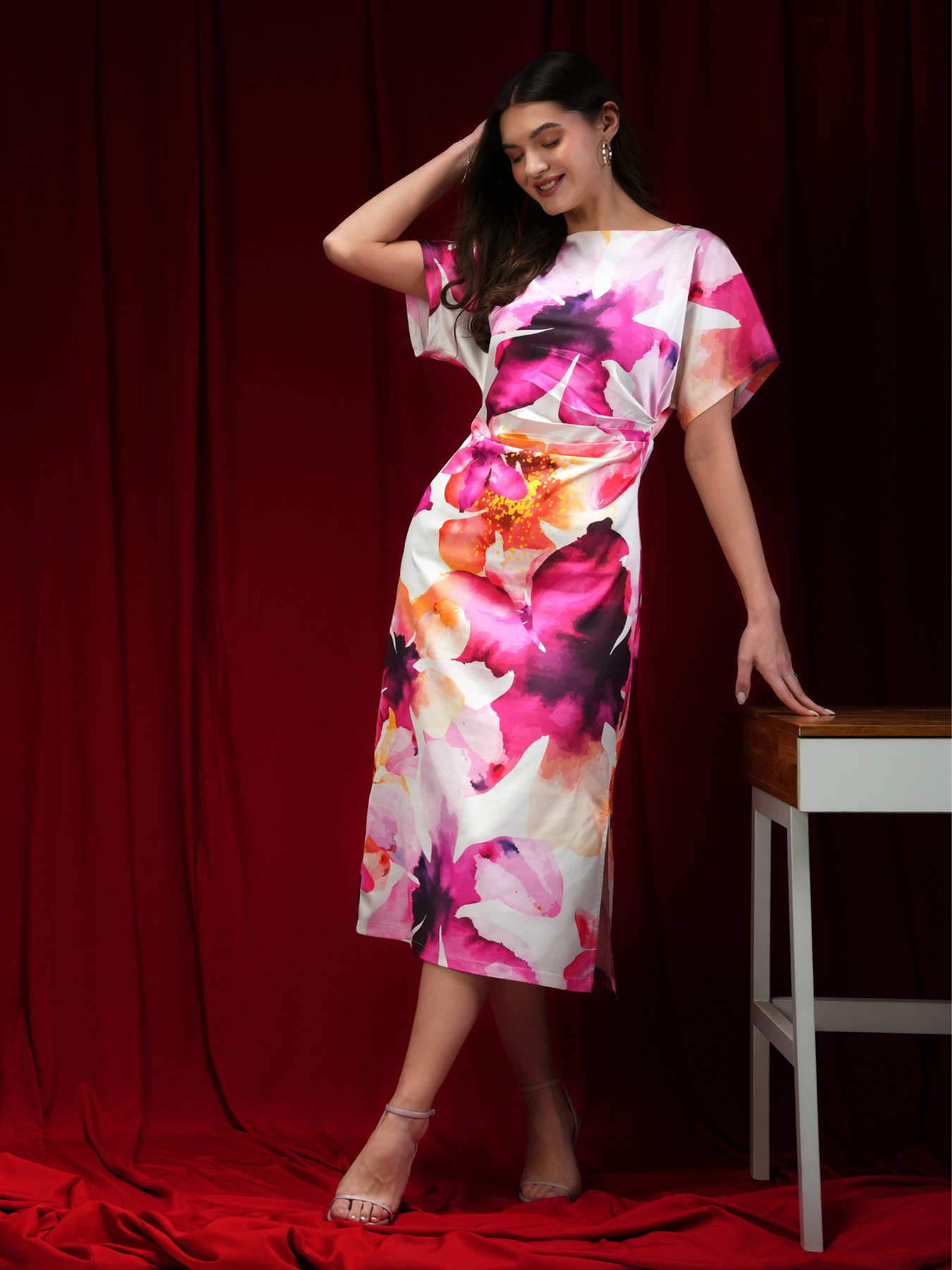 Satin Floral Kimono Dress - White