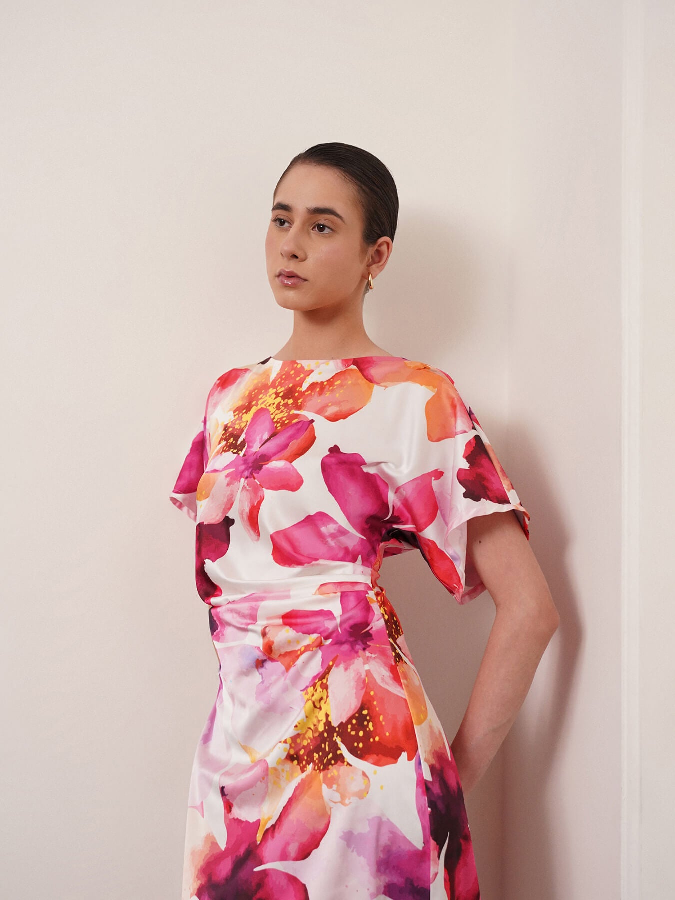 Satin Floral Kimono Dress - White
