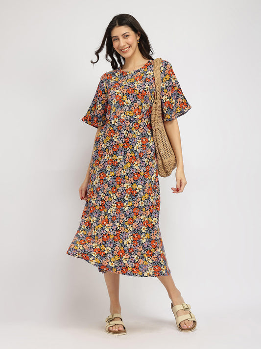 Floral A-line Midi Dress - Multicolour