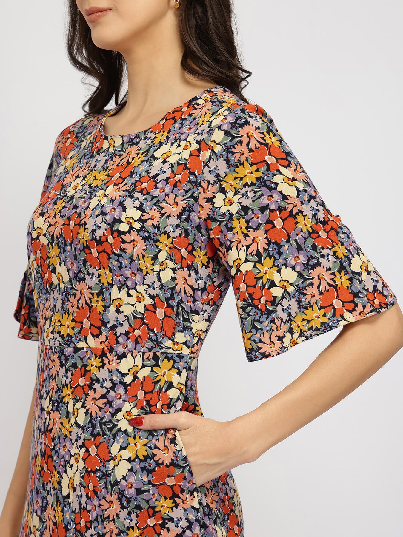 Floral A-line Midi Dress - Multicolour