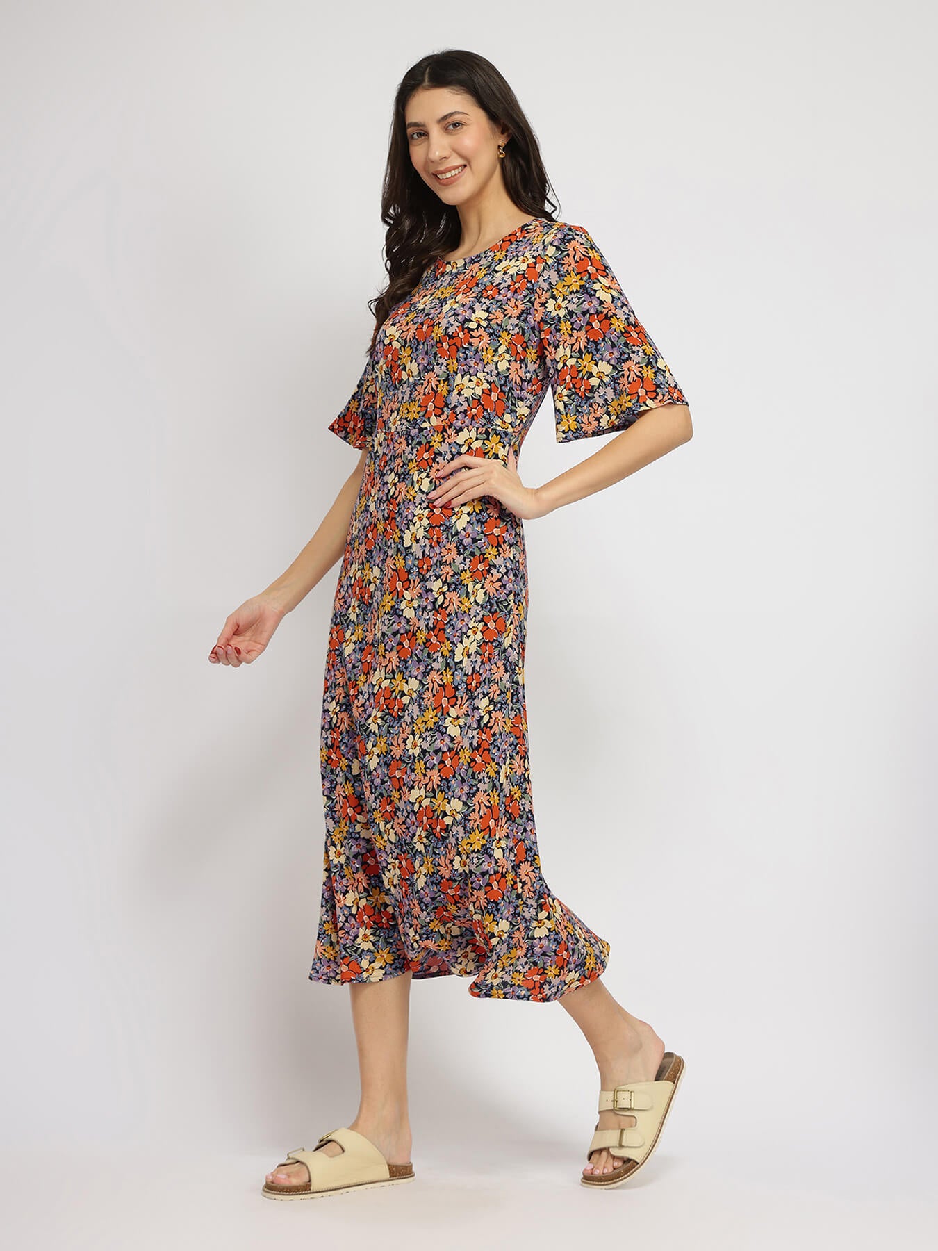 Floral A-line Midi Dress - Multicolour