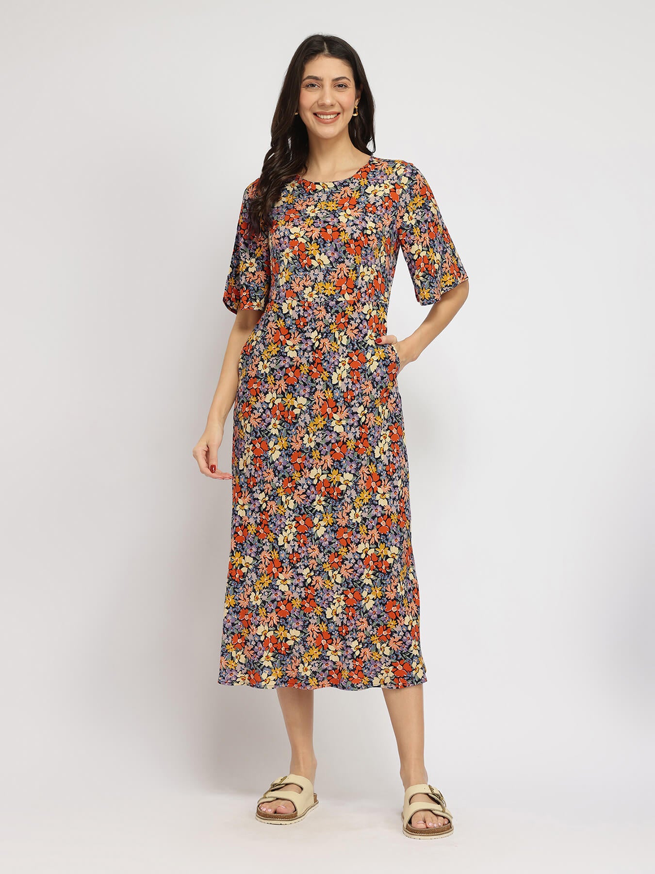 Floral A-line Midi Dress - Multicolour