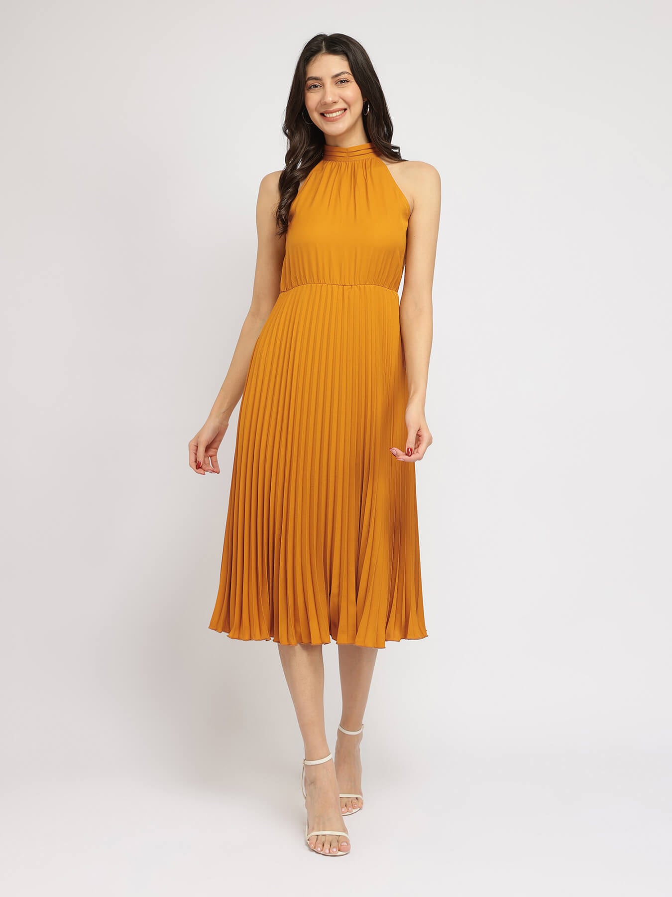Pleated Halter Dress - Mustard