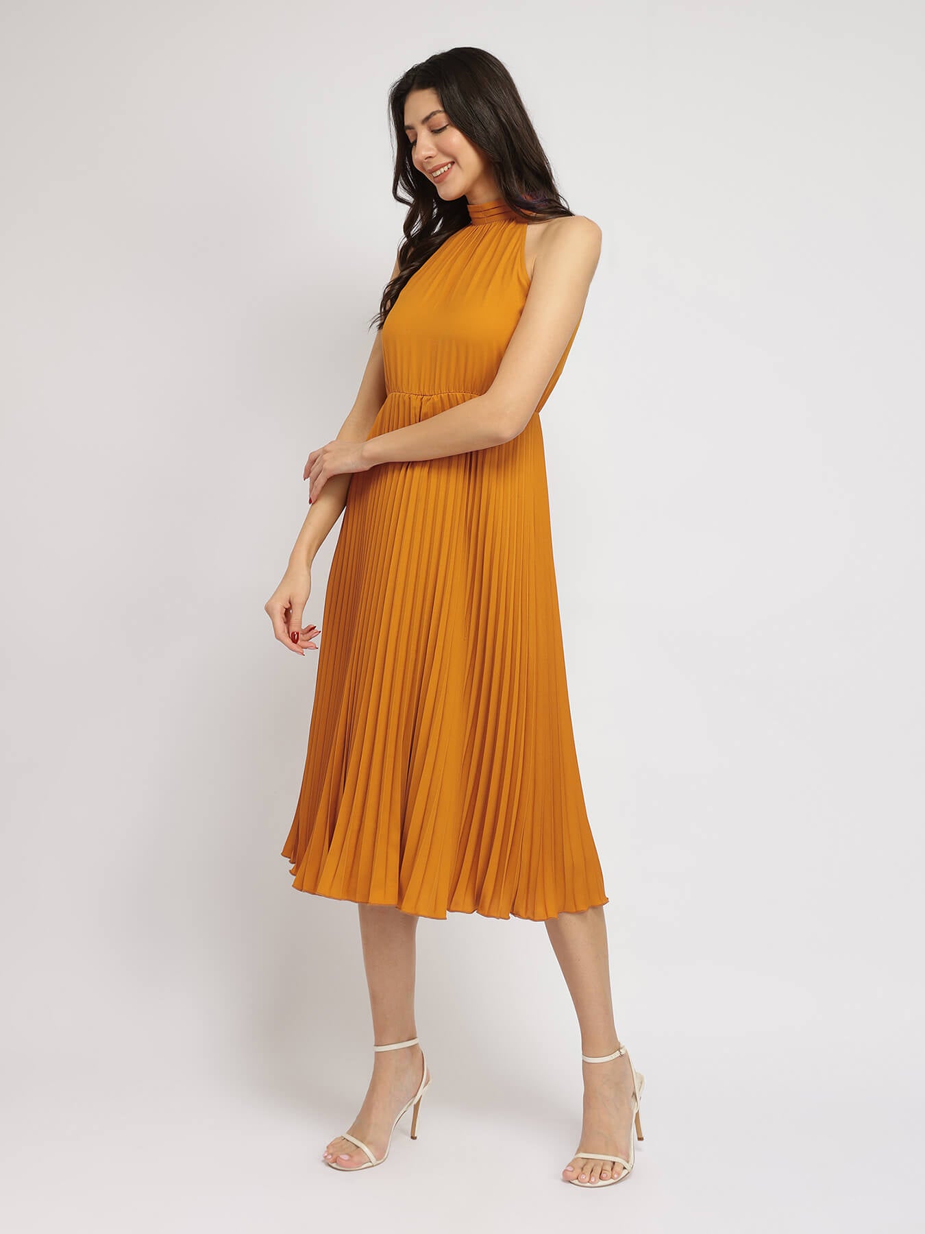 Pleated Halter Dress - Mustard