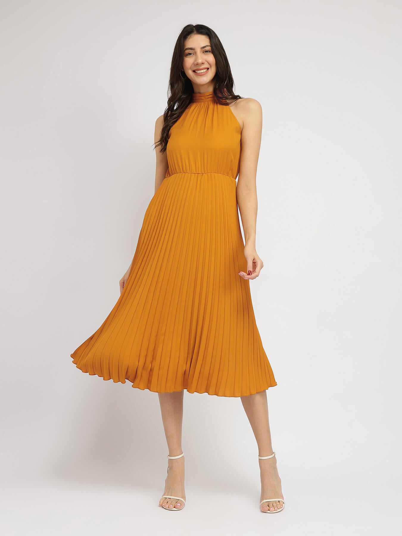 Pleated Halter Dress - Mustard