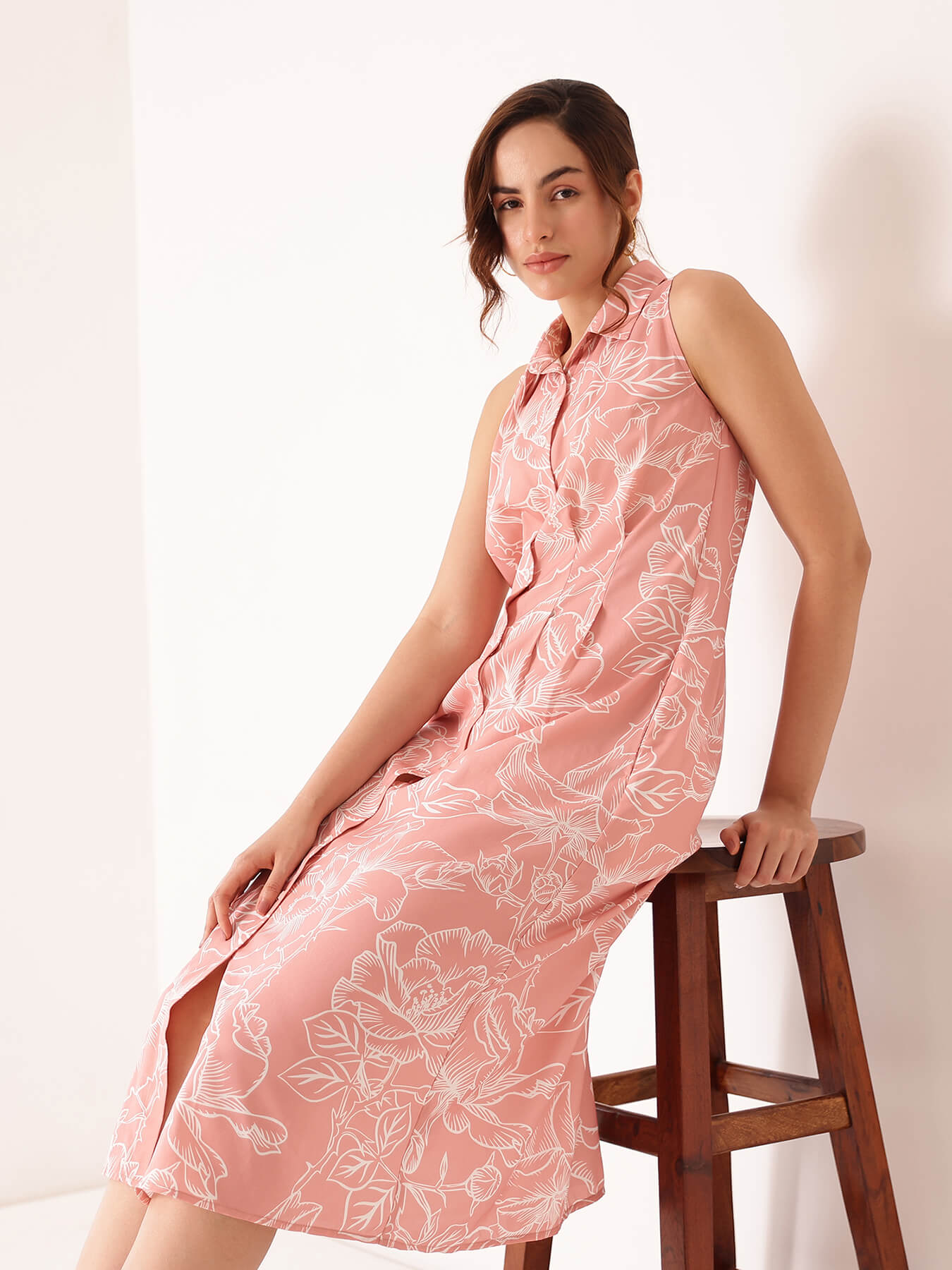 Floral Button Down Midi Dress - Pink